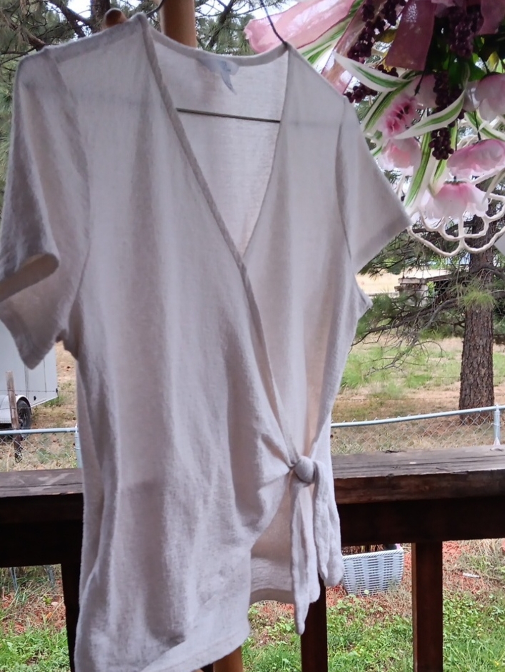 Time and Tru Cream Wrap-Front Short Sleeve Tunic